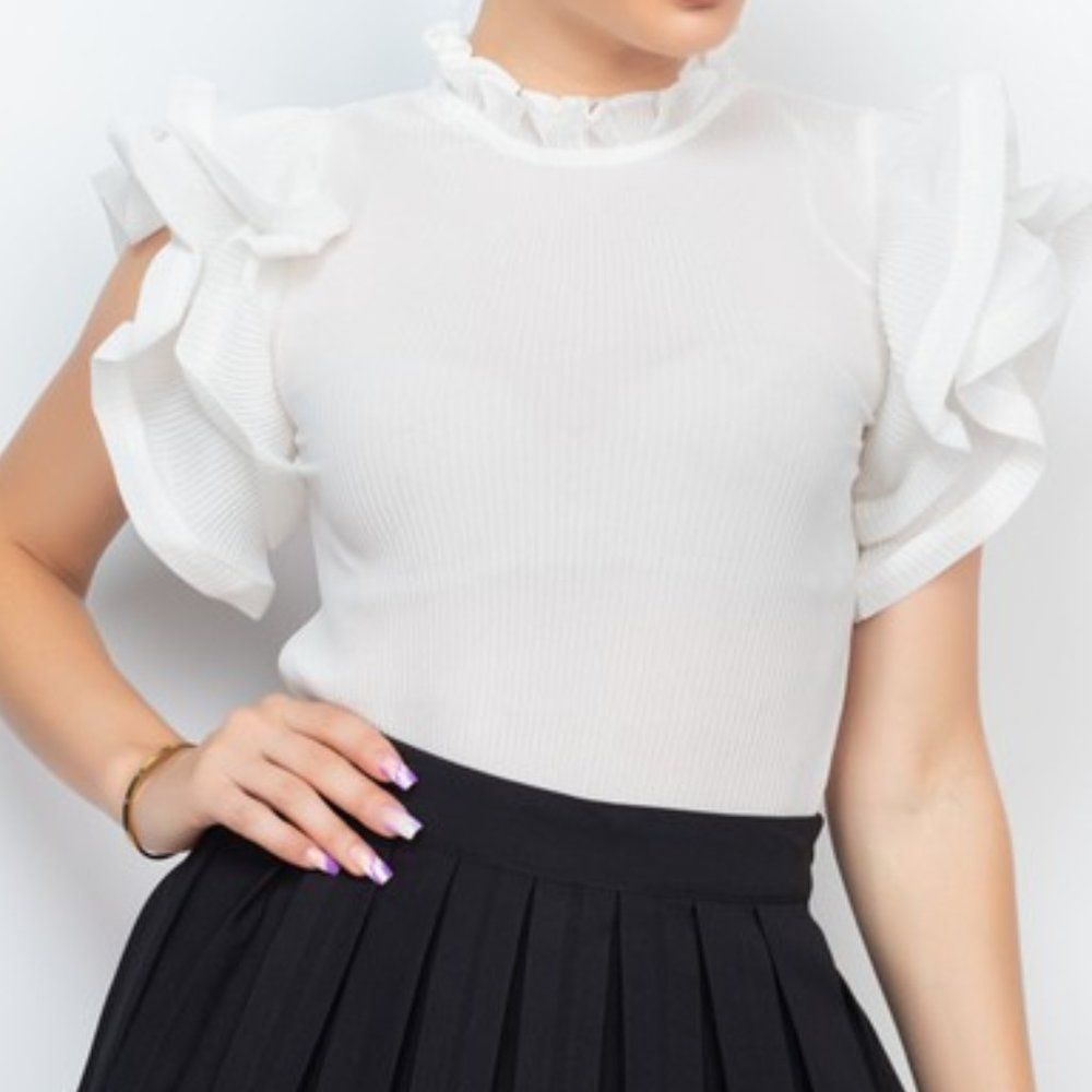 Off White Short Sleeve Ruffle Top